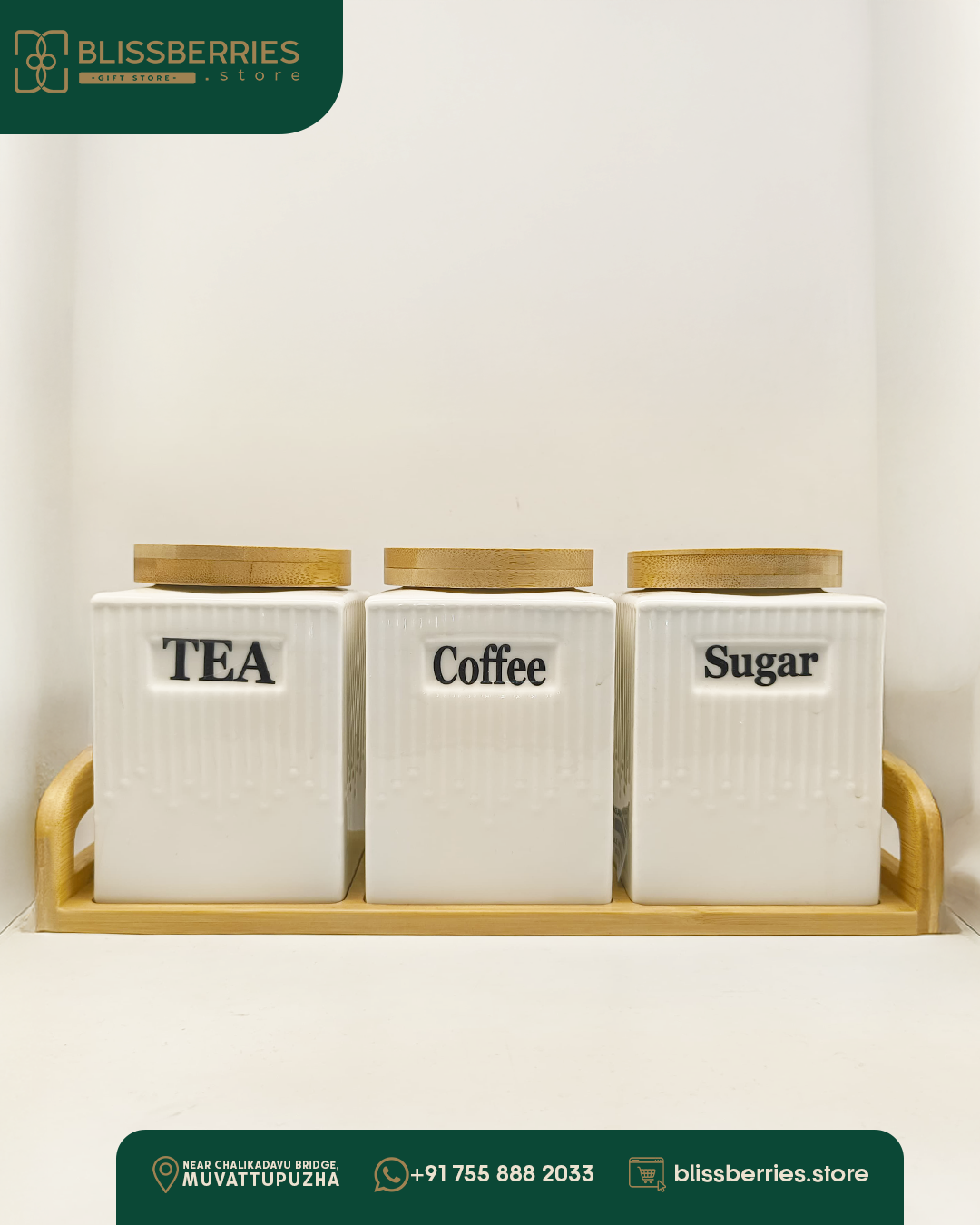 Ceramic Kitchen Canister Set with Bamboo Lids and Tray, Tea Coffee Sugar Storage Containers, White, Tray