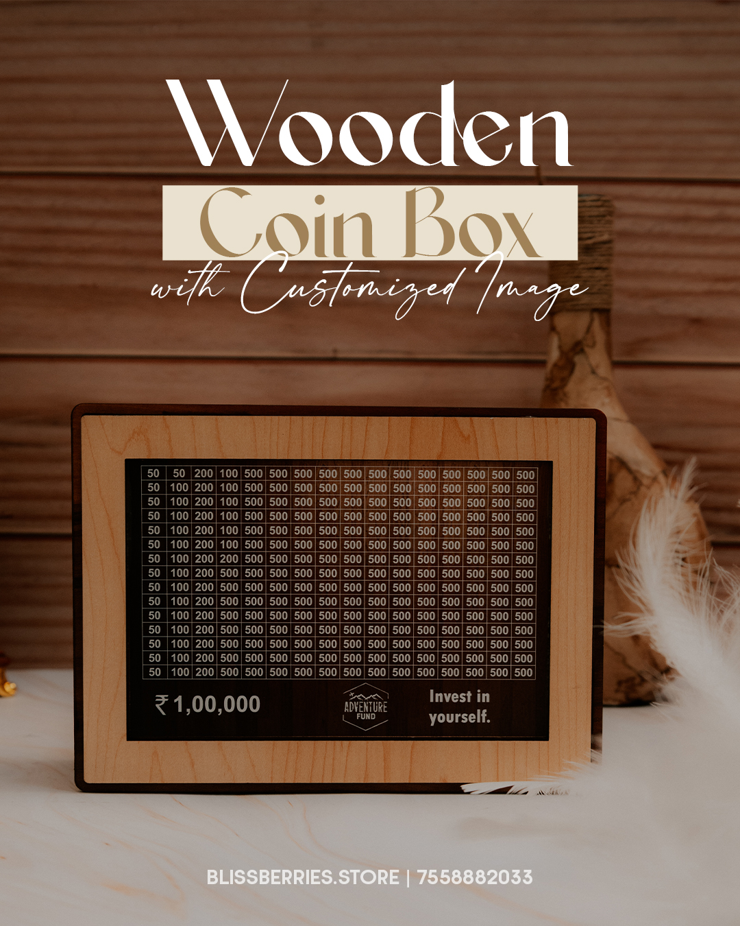 Wooden Savings Coin Box | Customizable Money Tracker Frame | Personalized Wooden Piggy Bank