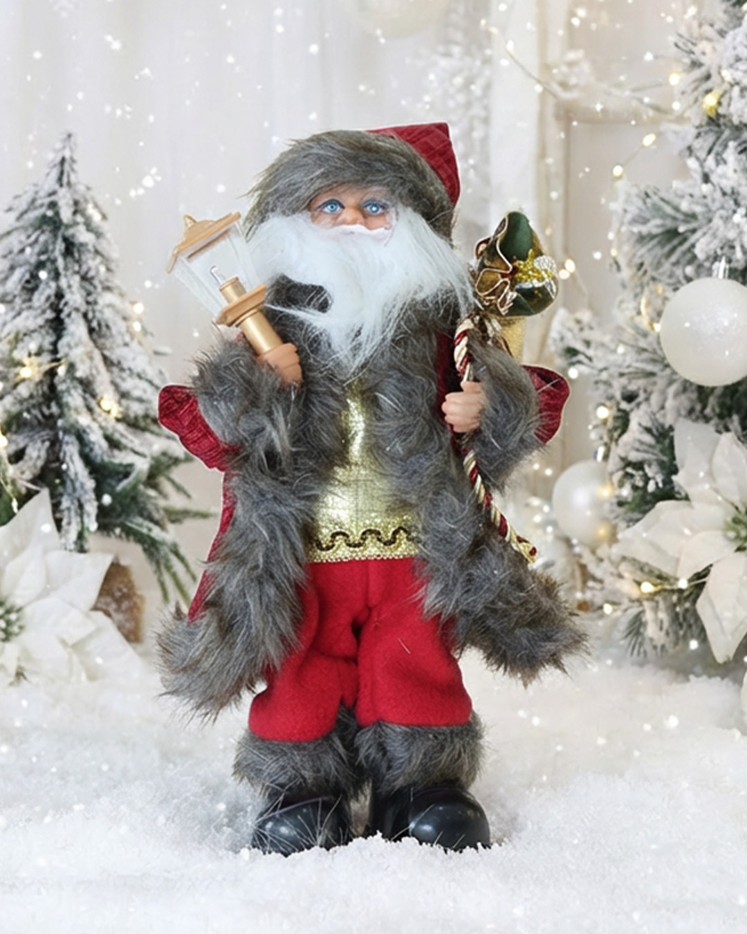 Vintage Santa with Lantern & Gift Sack – Christmas Decor Figurine